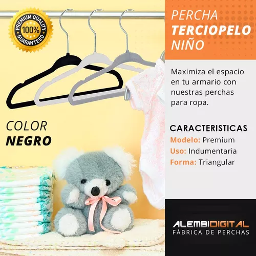 Percha Felpa Terciopelo Antideslizantes Niños X 50 Negro