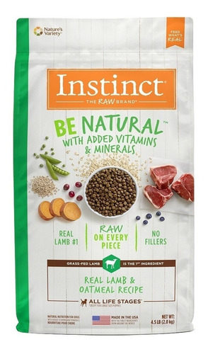 Imagen 1 de 1 de Alimento Instinct Be Natural para perro adulto todos los tamaños sabor cordero y avena en bolsa de 4.5lb
