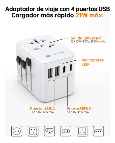 Novoo Adaptador De Corriente Viaje Universal Cargador 4usb