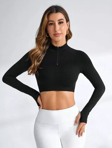 Buzo Crop Top Deportivo Manga Larga Dama Lycra Mujer Gym