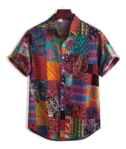 Hombres Colorido Botones Sueltos Camisa Hawaiana Blusa