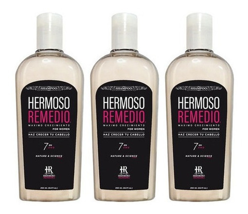Imagen 1 de 9 de Pack Shampoo Hermoso Remedio ® Crecimiento Acelerado Anticaida Reparador Hidratante Anti Frizz Para Mujer 250ml Por 3 Unidades
