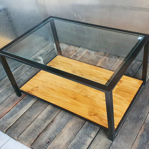 Imagen 3 de 7 de Mesa Ratona Arrime Industrial Hierro Madera + Cristal 10mm