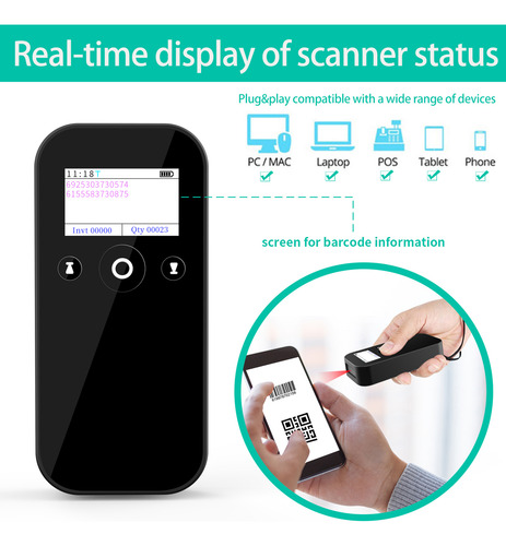 Scanner 2d 1d Sem Fio Usb 2.4g Bt Baode Com Exibição De Tela