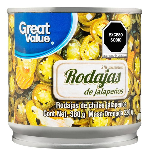 7 Pza Chiles Jalapeños Great Value En Rodajas 380 G