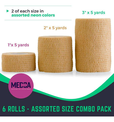 6 Pack, Self Adherent Cohesive Tape - 1 2 3 X 5 Yards Com