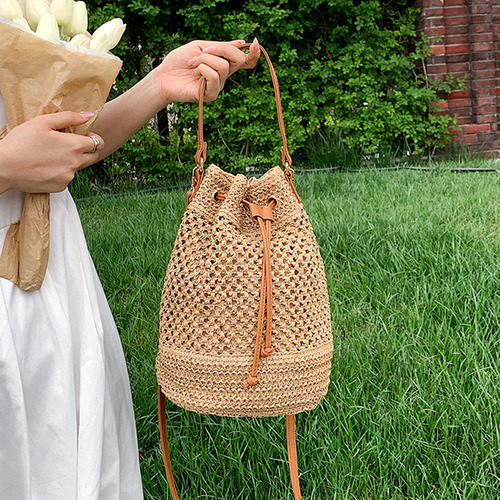Bolso De Hombro Straw Bucket Bag Con Cordón Para Mujer