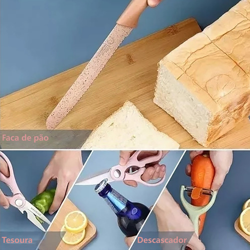 Conjunto de Facas para Cozinha com Suporte de Madeira - Kit de 7 Peças, Inclui Faca para Churrasco e Tábua de Corte