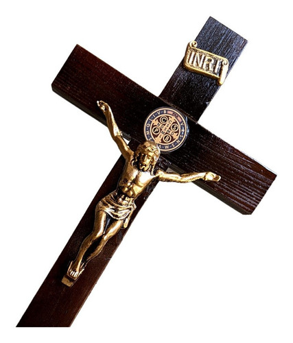 Crucifixo De Mesa Barroco Cruz São Bento Em Madeira 29,5cm