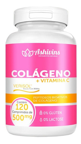 Colágeno Verisol + Vitamina C - Ashivins - 120 Comp - 500 Mg