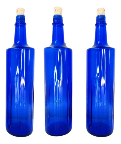 Botella De Vidrio Azul Cobalto Con Corcho 750ml  (3 Piezas)