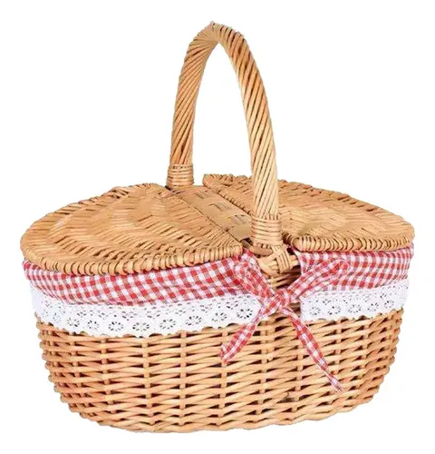 Cesta De Picnic De Mimbre Con Tapa - 26x18x15cm, Forro Lavable, Asa Cómoda, Estilo Rústico Elegante