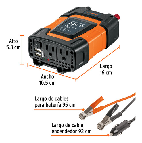 Inversor De Corriente De 200 W Con Puertos Usb, Truper 10448