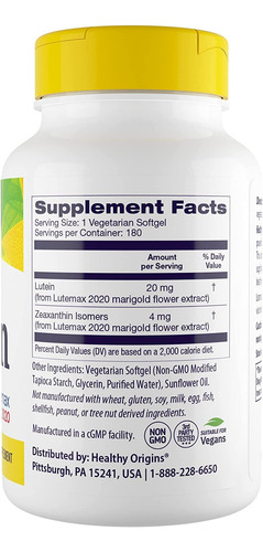 Healthy Origins Lutein Lutemax 2020 Supplement, 20 Mg, 180 C