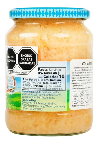 Col Agria Sauerkraut Develey Alemania 680 G