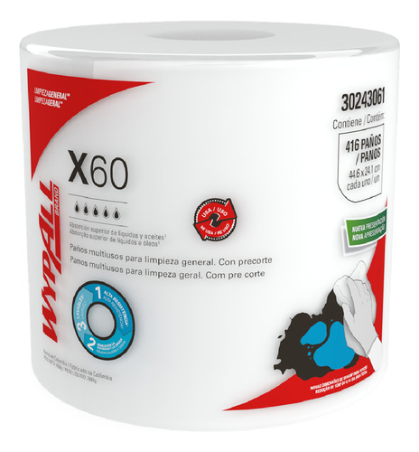 Paños De Limpieza Wypall X60 Rollo Jumbo Liso Precorte Blanco