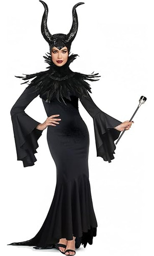 Vestido Negro Lujo Para Mujer Disfraz Capa Plumas Con Malefi