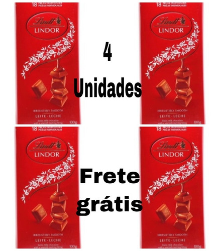 4 Barras Chocolate Lindt Lindor Vermelho 100g