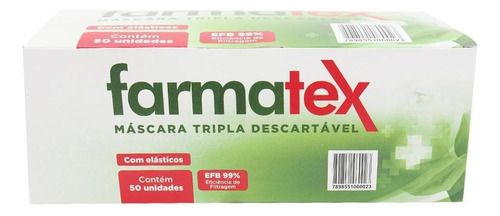 Máscara Descartável Tripla Clipe Nasal 50 Unidades Farmatex