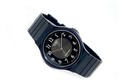 Reloj de pulsera Casio Collection MQ-24 de cuerpo color negro, analógico, fondo negro, con correa de resina color negro, agujas color blanco, dial blanco, minutero/segundero blanco, bisel color negro y hebilla simple