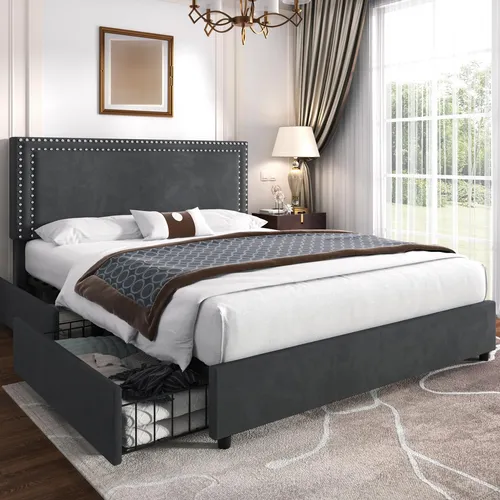 comprar Base De Cama Tapizada Queen Con 4 Cajones Y Cabecera Ajustab