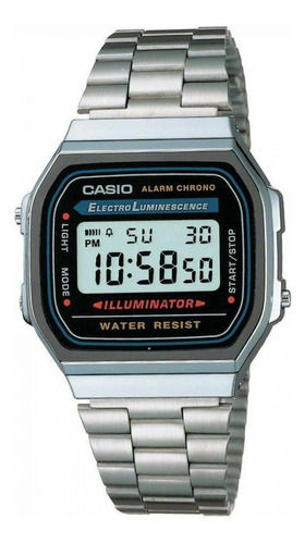 Reloj pulsera Casio Youth Vintage A-168 de cuerpo color plateado, digital, fondo gris y negro y azul, con correa de acero inoxidable color plateado, dial negro, minutero/segundero negro, bisel color plateado, luz azul verde y hebilla de gancho