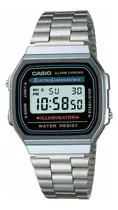 Comprar Reloj Pulsera Casio Youth Vintage A-168 De Cuerpo Color Plateado, Digital, Fondo Gris Y Negro Y Azul, Con Correa De Acero Inoxidable Color Plateado, Dial Negro, Minutero/segundero Negro, Bisel Color P