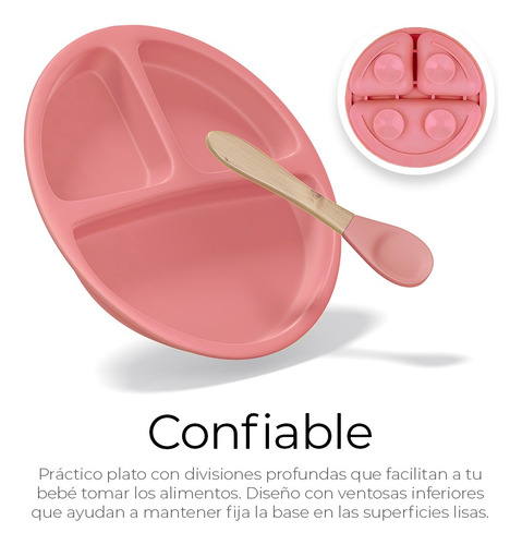 Set De Cubiertos Para Bebés Silicona Plato Antideslizante Color Rosa Liso Personaje Ninguno