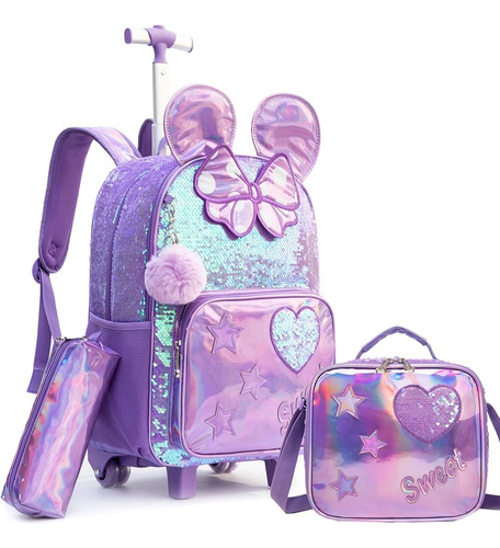 Conjunto De Mochila Con Ruedas Para Niñas 3 En 1 Con Sweet Lila Orejas Con Moño Y Corazon