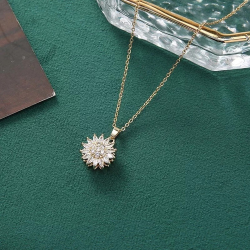 Collar Girasol Giratorio Con Zircones Acero Inoxidable +caja