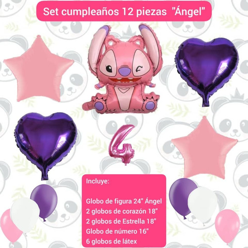 Set 12 Globos Decoración Cumpleaños Angel Stitch Rosado 