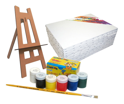 Imagem 1 de 6 de Kit 10 Telas Pintura 20x30 Mini Cavalete 06 Tintas E Pincel