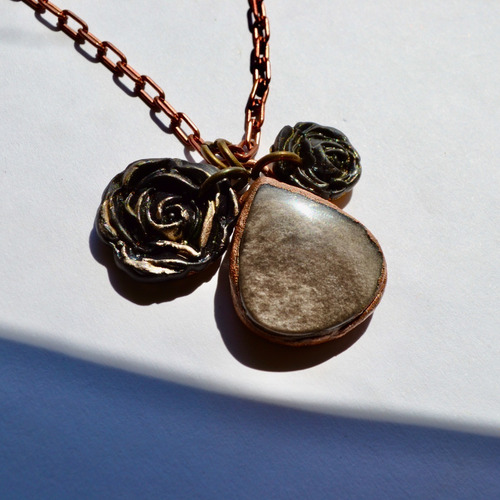 Collar Piedra Obsidiana Plata, Flores Y Cadena Cobre, Cod1
