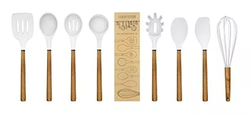Country Kitchen Utensilios de cocina de silicona, juego de utensilios de  cocina de 8 piezas, utensilios de cocina de madera fáciles de limpiar