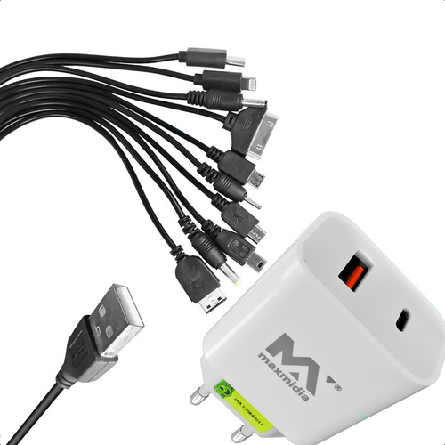 Kit Cabo De Carregamento 10 Em 1 Com Fonte Usb Turbo 3.0