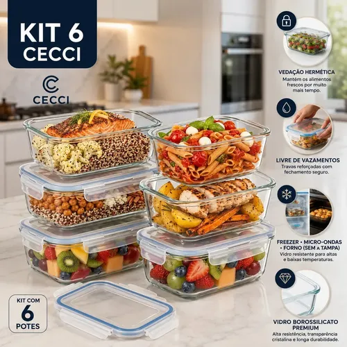 Kit 6 Potes Herméticos De Vidro 640ml Para Marmita, Freezer E Organização Da Cozinha, Com Tampa Para Armazenar Alimentos, Refeições, Cereais, Grãos E Mantimentos No Dia A Dia Em Casa