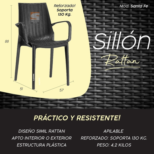 Imagen 3 de 5 de Sillon Plastico Ratan Apoyabrazo Exterior Interior Apilable