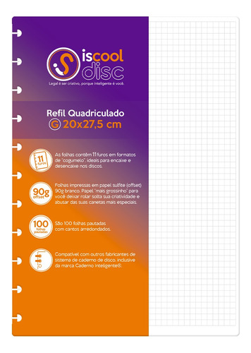 Refil Caderno De Disco Iscool Quadriculado 100 F 90g Grande Cor Branco