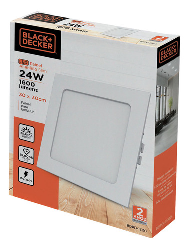 Painel Led Slim Embutir 24w Branca Quadrado - Black + Decker