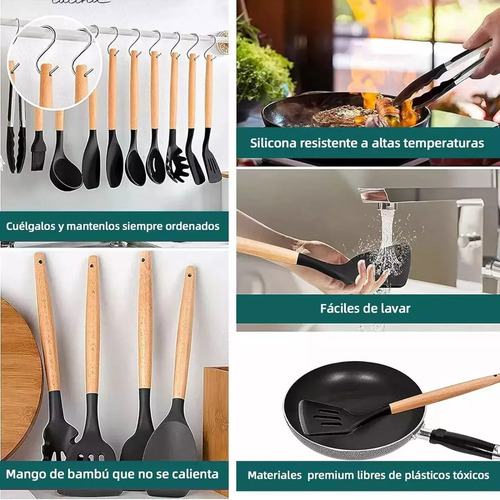 Utensilios Silicona De Cocina Premium Espatula Brocha 12 Set Negro