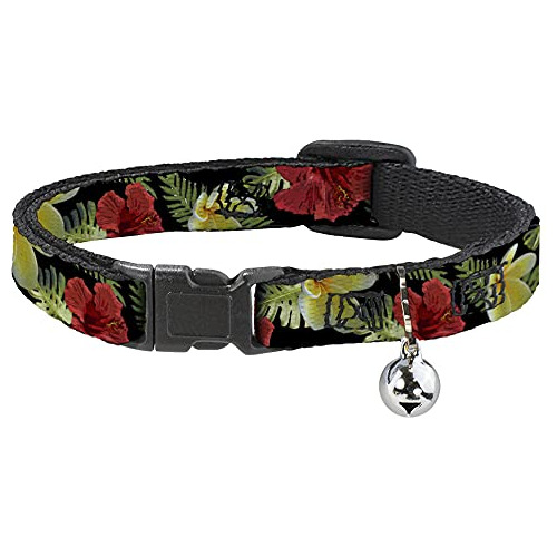 Cat Collar Breakaway Tropical Floral Collage Black Red Orang