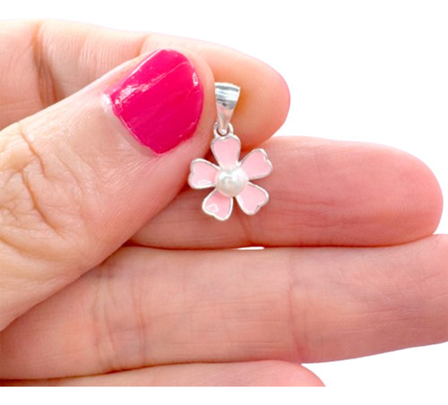 Dije Flor Con Perla Plata 925 Rosa