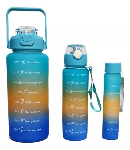 Kit con 3 botellas de agua con frases motivacionales para entrenamiento, color azul