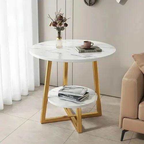 Mesa Redonda De Centro Minimalista Lateral Moderna 2 Niveles Blanco Con Dorado