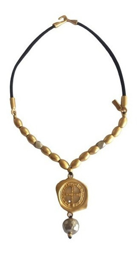 Collar Medalla San Benito, Óvalos Y Broche Baño De Oro 24 K