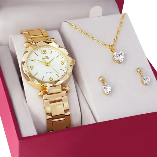 Relógio Feminino + Kit Colar Brincos Folheados  Ouro 18k