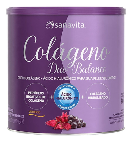 Colágeno Duo Balance Verisol Com Ácido Hialuronico Sanavita Sabor Hibiscus Com Frutas Roxas 330g