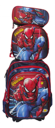 Mochila Lonchera Y Lapicera Spiderman Primaria Con Ruedas O Llantas Azul Marino