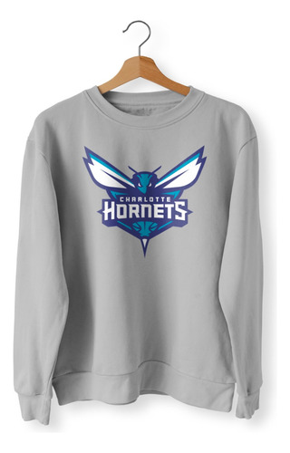 Buzo Nba Cuello Redondo Charlotte Hornets Logo Completo Gris