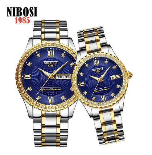 Relógios impermeáveis Nibosi de 2 peças com par de diamantes, cor de fundo azul